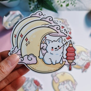 weißer Hund mid herbst festival mooncake wasserfest vinyl aufkleber || Hund Samoyed Spitz pommern