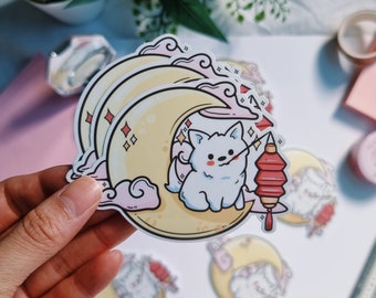 white dog mid autumn festival mooncake waterproof vinyl sticker || dog samoyed spitz pomeranian