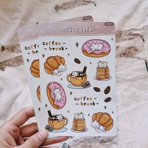 folha de adesivos de cachorro branco em padaria para bujo || café na nuvem || spitz japonês samoiedo pomerânia