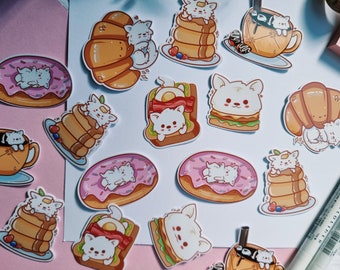 white dog in bakery waterproof vinyl stickers || cloud cafe || croissant coffee