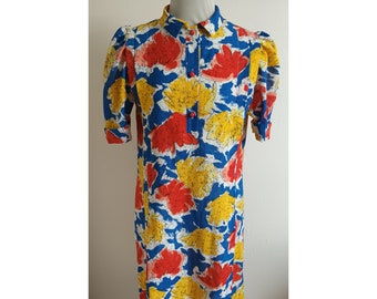 80s French vintage dress, 1980s dress with short sleeves, vintage floral dress, 80s fashion, colorful vintage dress, vintage summer dress