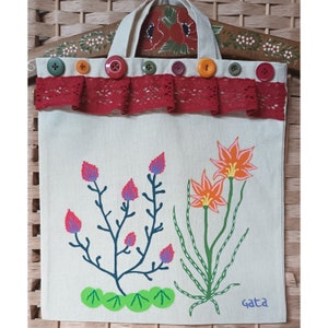 Handbemalte botanische Einkaufstasche: Volkskunst Flower Power