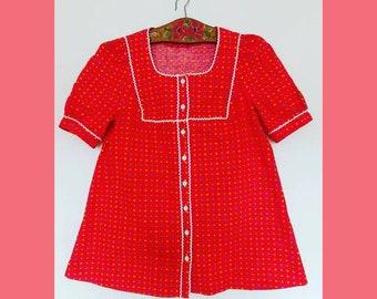 60s red polka dots shirt, red vintage top, retro style top, original vintage dots top with short sleeves, 70s mod, modette, Groovy shirt