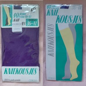 May include: Two packages of knee-high stockings. One package is purple, and the other is teal. The packages have the text "40 denier Extra Sterk!" and "KNIE KOUSJES". The size is 36-41.