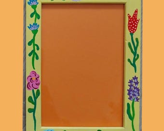 Hand painted botanical illustration on wooden photo frame, Folklore art painted on wood picture frame, Flowers on frame