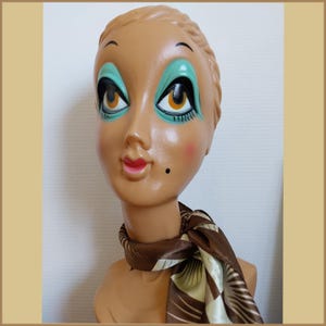 Vintage head scarf with geometric print, Brown 70s shiny scarf
