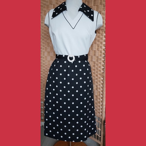 robe Diolen vintage à pois, robe noire et blanche à col des années 60, robe mod à grand col