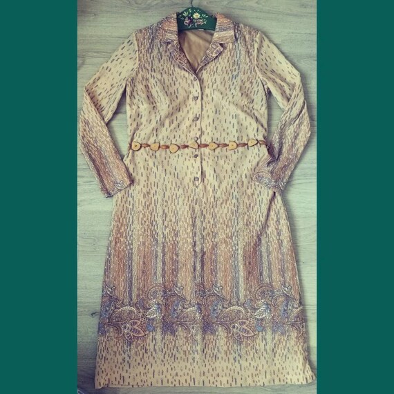 Slash Neck Embossed Flower Beige Dress