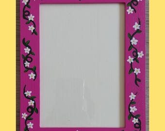 Hand painted botanical illustration on wooden photo frame, acrylic Folk art on wood picture frame, Flowers on frame