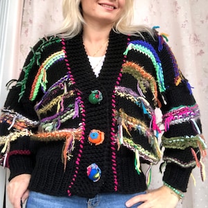 Cropped Balloon Sleeve Cardigan,Colorful Fringe Cardigan,Handknitted Ombre Tassel Cardigan,Christmas Cardigan