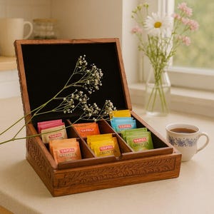 Rustic Rosewood Tea Box: Hand-Carved Floral Tea Caddy