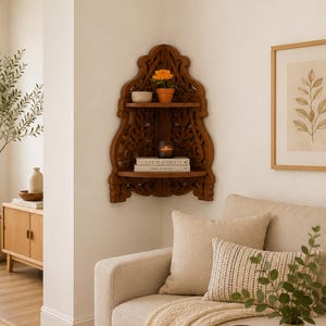 Wooden Corner Shelf, Hand Carved Floating Shelf, Display Rack for Living Room, Bedroom & Entryway Decor