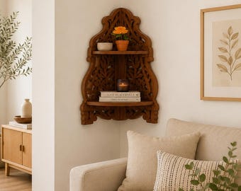 Wooden Corner Shelf, Hand Carved Floating Shelf, Display Rack for Living Room, Bedroom & Entryway Decor