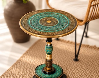 Turkish Lamp Side Table, Hand Painted Mandala Moroccan End Table, Round Pedestal Accent Table, Indian Art Christmas Gift for Her
