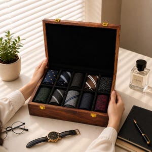 May include: A rectangular wooden storage box with a dark brown finish and a hinged lid, featuring ten individual interior compartments. Each compartment contains a rolled necktie in various colors and patterns, including stripes, dots, and solids.