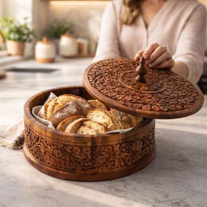 May include: A round, wooden bread box with intricate floral carvings. The box is open, revealing fresh bread and slices inside. The lid is partially lifted, showcasing the detailed design. The bread box is a warm brown color.