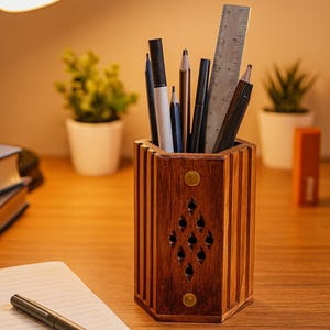 May include: A wooden pen holder with a geometric design, filled with pens, pencils, and a ruler. A black desk lamp and a notebook with a pen are on the wooden desk. Small potted plants add a touch of green.