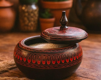 Especiero de madera pintado a mano con tapa: contenedor decorativo de madera de palisandro para almacenar en la cocina.
