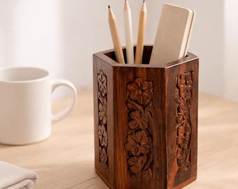Antique Wood Pen Holder: Minimalist Scandinavian Desk & Home Organizer