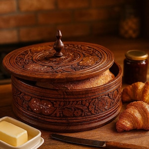 May include: A round, wooden bread box with intricate floral carvings. The lid is slightly ajar, revealing a loaf of bread inside. Butter, a knife, and croissants are on the wooden surface. A jar of jam is in the background.