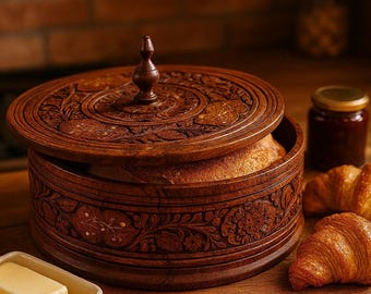Handmade Rosewood Bread Box: Round Carved Floral Design