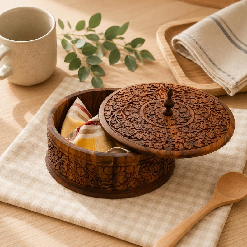 May include: A round wooden container with a removable lid featuring intricate floral carvings and a central knob. The dark brown wood displays natural grain patterns. Inside, a folded cloth with yellow, red, and white stripes is visible.