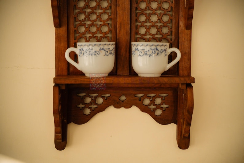 Wooden Wall Shelf, Hand carved Floating Shelves, Double Tier Wall Hanging Rack, Trinket Shelf, Housewarming Gift image 11