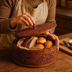 Puede incluir: Una panera redonda de madera con intrincadas tallas florales. La tapa está abierta, revelando varios tipos de pan y bollos en el interior. La caja es marrón y parece hecha a mano. La panera está sobre una mesa de madera.