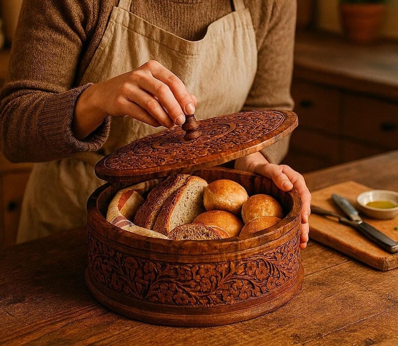 Handmade Rosewood Bread Box: Rustic Round Wooden Spice Container