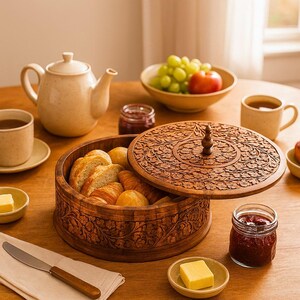 "Carved wooden bread keeper on breakfast table with croissants, jam, fruit, and tea—elegant tableware for cozy mornings and gifting."
