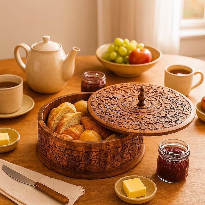 "Carved wooden bread keeper on breakfast table with croissants, jam, fruit, and tea—elegant tableware for cozy mornings and gifting."