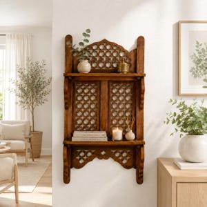 Wooden Wall Shelf, Hand carved Floating Shelves, Double Tier Wall Hanging Rack, Trinket Shelf, Housewarming Gift image 1