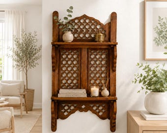 Wooden Wall Shelf, Hand carved Floating Shelves, Double Tier Wall Hanging Rack, Trinket Shelf, Housewarming Gift