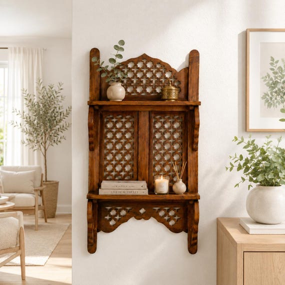 Wooden Wall Shelf, Hand carved Floating Shelves, Double Tier Wall Hanging Rack, Trinket Shelf, Housewarming Gift
