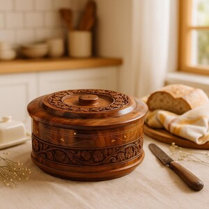 Puede incluir: Una panera redonda de madera con intrincadas tallas florales. La tapa presenta un diseño circular detallado, y la panera tiene un acabado marrón oscuro. Un cuchillo de madera y una hogaza de pan son visibles en el fondo, lo que sugiere una cocina.