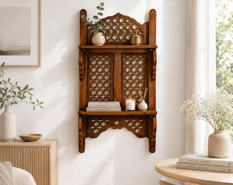 Wooden Corner Shelf, Vintage Wall Display Rack, Boho Floating Shelf for Living Room & Housewarming Gift