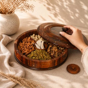 Houten notenbewaardoos met deksel, serveerdoos met 5 vakken, ideaal als housewarming- of kerstcadeau.