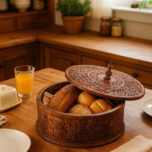 "Elegant floral-carved bread box made from hardwood, filled with rolls and baguettes, styled in a sunlit, rustic kitchen interior."