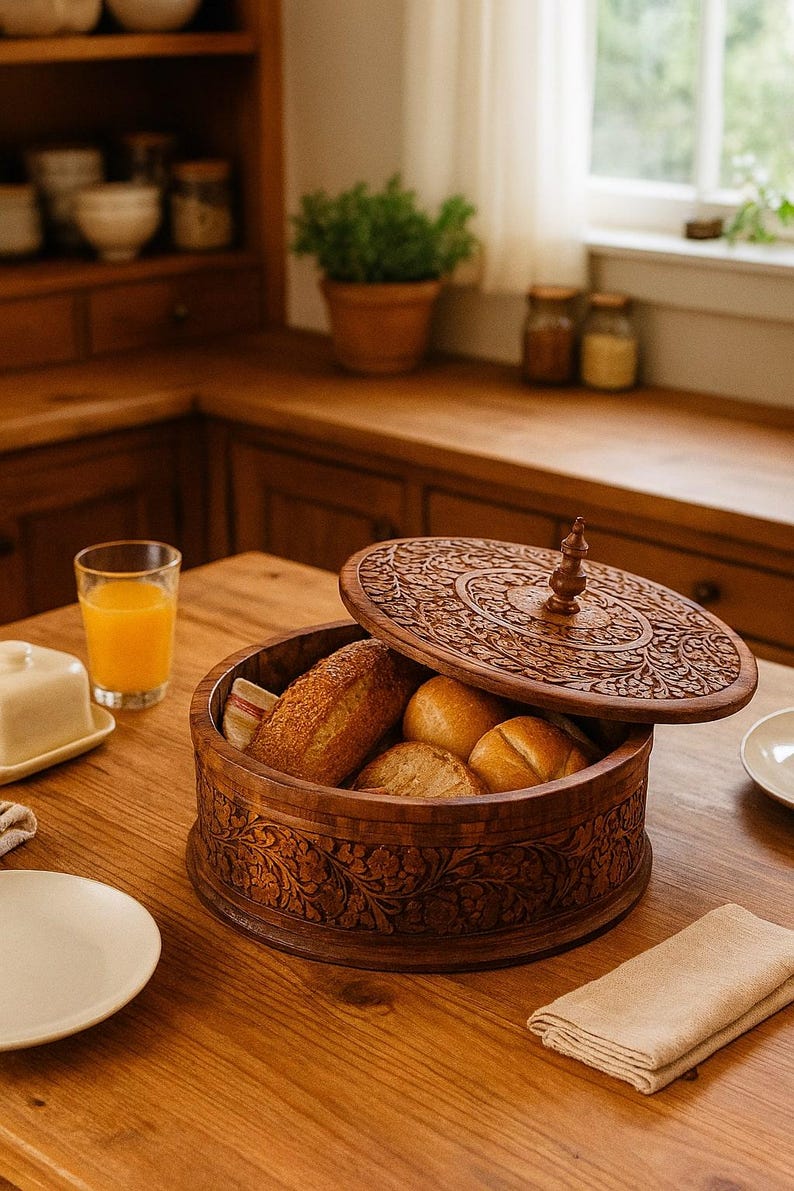 "Elegant floral-carved bread box made from hardwood, filled with rolls and baguettes, styled in a sunlit, rustic kitchen interior."