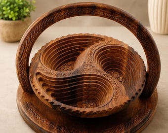 Hand-Carved Wooden Basket - Collapsible Fruit Container - Folding Flat Dry fruit Basket - Snack Tray - Housewarming gift - Easter Gift
