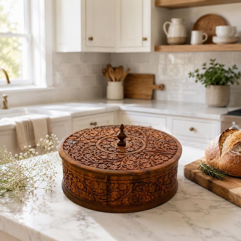 May include: A round wooden storage box with a lid featuring intricate floral carvings on the top and sides. The box has a small, pointed central handle on the lid and a natural brown wood grain finish, sitting on a white marble countertop.