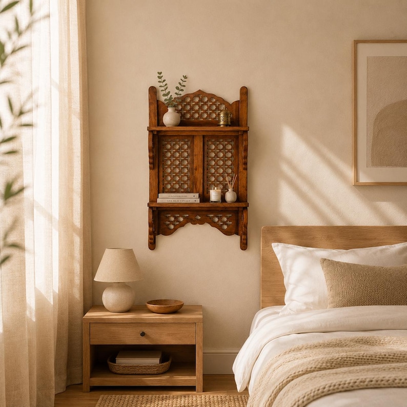 Wooden Wall Shelf, Hand carved Floating Shelves, Double Tier Wall Hanging Rack, Trinket Shelf, Housewarming Gift image 8
