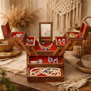 Vintage houten opbergkoffer voor toilettafel, handgemaakte sieradenopberger voor haar, doos met meerdere doorsnedes, verlovingscadeau