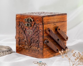 Antike Holzbox / Handgefertigte Box mit 3 Fächern / Ringe, Armband-Organizer / Faltbare Schmuckschatulle / Jahrestagsgeschenk für Sie