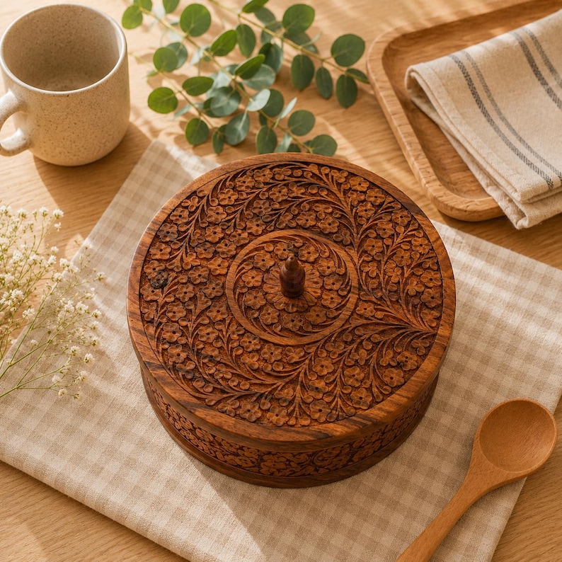 May include: A round wooden box with a lid featuring intricate floral carvings and a small central knob. The dark brown wood displays a natural grain pattern, and the detailed relief work covers both the top surface and the sides of the container.