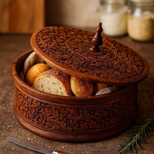 "Handmade wooden bread box with ornate floral carving, filled with fresh rustic bread, ideal for farmhouse kitchen or boho dining decor."