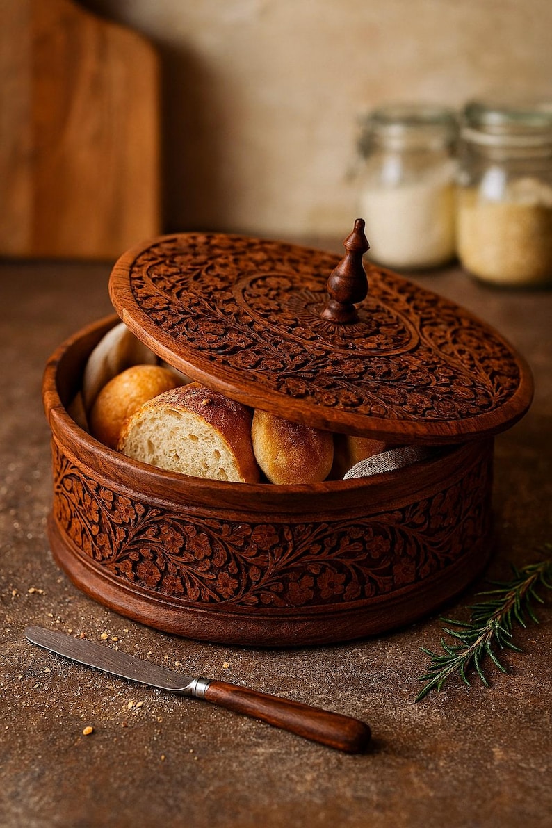"Handmade wooden bread box with ornate floral carving, filled with fresh rustic bread, ideal for farmhouse kitchen or boho dining decor."