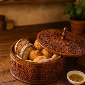 "Round carved wood bread basket with lid, featuring floral design and artisan craftsmanship, perfect for bread storage or serving."