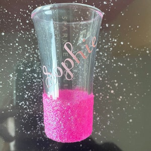 3cl to brim glitter Plastic Shot Glasses lined at 2cl Pink 