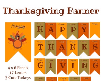 Happy Thanksgiving Banner Printable, Garland, Bunting,  Fall Decor Sign, Autumn Home Decoration, DIY Festive Party Supplies, Pilgrim Turkey